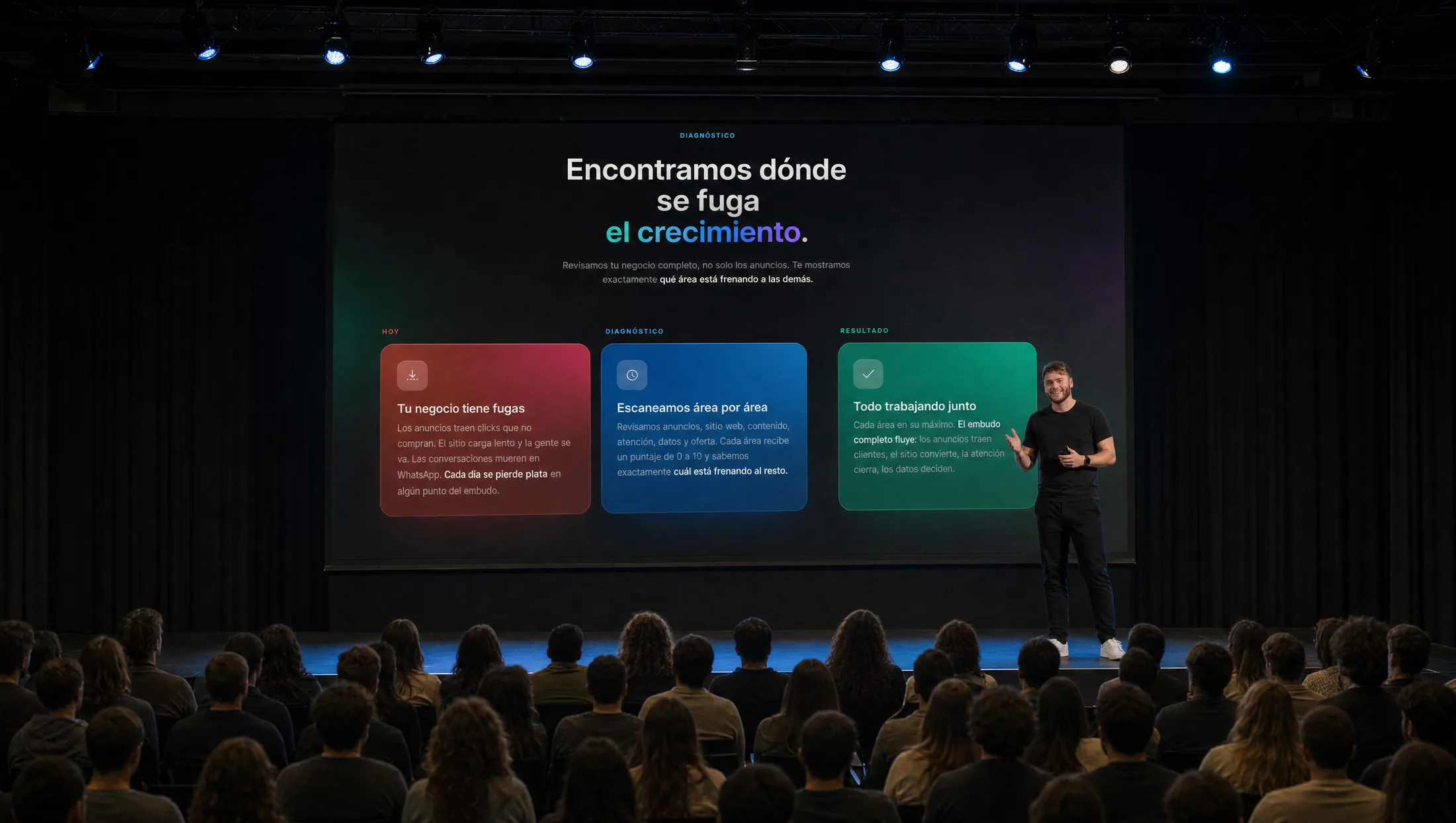 Ignacio Herrera presentando la estrategia de Dominant Media en una keynote ante la audiencia